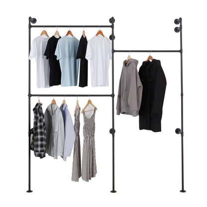 EDCB Wall Mounted Industrial Pipe Clothing Rack Garment Racks Pipeline Vintage Rolling Rack On Wall, Heavy Duty Rustic Gold Metal Garment Frame for Bedroom, Living room (Black)