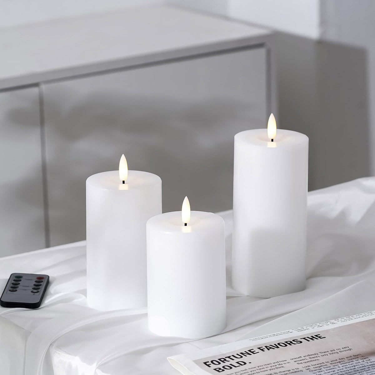 Stmarry White Flameless Candles with Remote and Timer, Real Wax Made LED Pillar Candles Battery Operated with 3D Flickering Flame - 3" x 4",5",6" - Set of 3