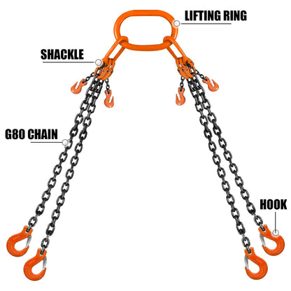 SALUINOKI 4 Leg Chain Sling for Lifting with Hooks Heavy Duty 11 Ton 1 inch x 10 FT 24,200 lbs 4 Point Lift Chains Rigging