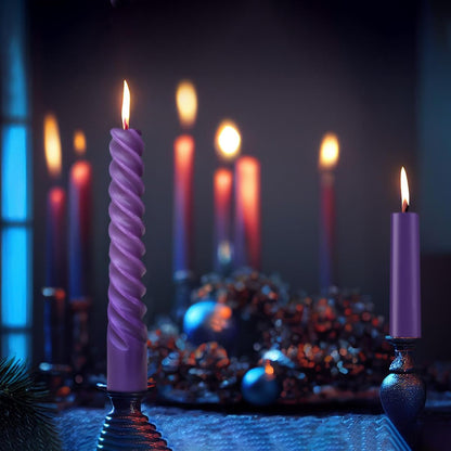 Royal Purple Taper Candles 6 Pack and Spiral Candles 6 Pack Set, 10 Inch Elegant Dripless Unscented Candlesticks for Weddings, Dinners, Parties and Home Decor