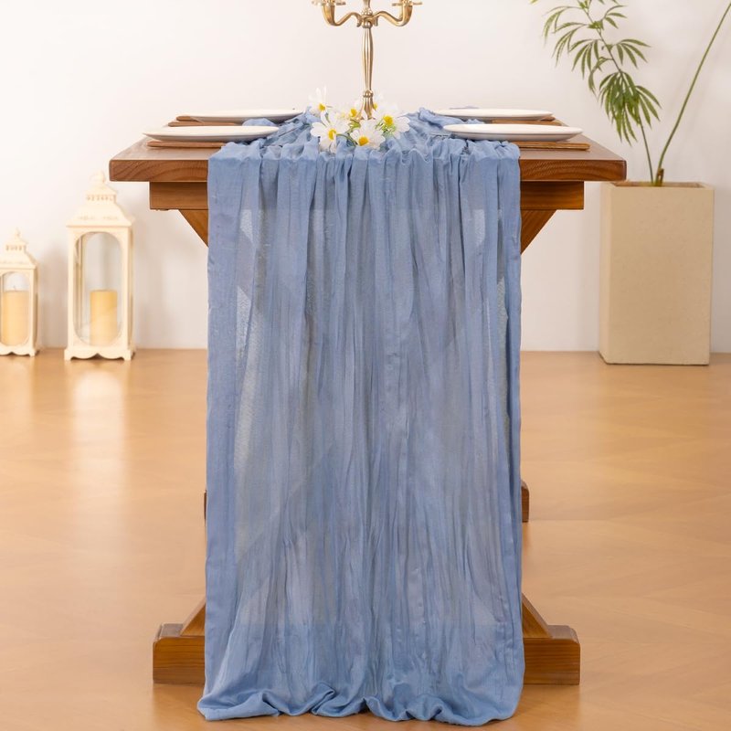 Socomi 3pcs Dusty Blue Summer Cheesecloth Table Runner Boho Rustic Gauze 120 inch 10FT Cheese Cloth Sheer Runner for Wedding Party Baby Shower Birthday Home Decor Holiday Decorations