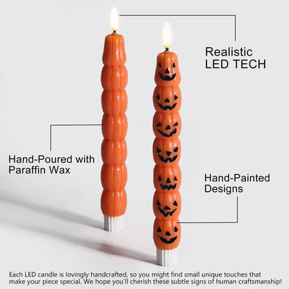 Eywamage Halloween Flameless Taper Candles with Remote, Orange Pumpkin LED Candlesticks Battery Operated Flickering Real Wax Set of 2