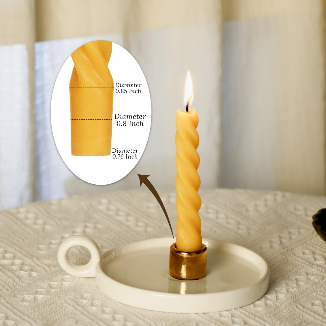 TELOSMA Beeswax Taper Candles Set of 4,Spiral Taper Candle Dripless Long Candle Sticks for Dinner Wedding Party Christmas Home Decorations - 7 Inch Tall - Yellow