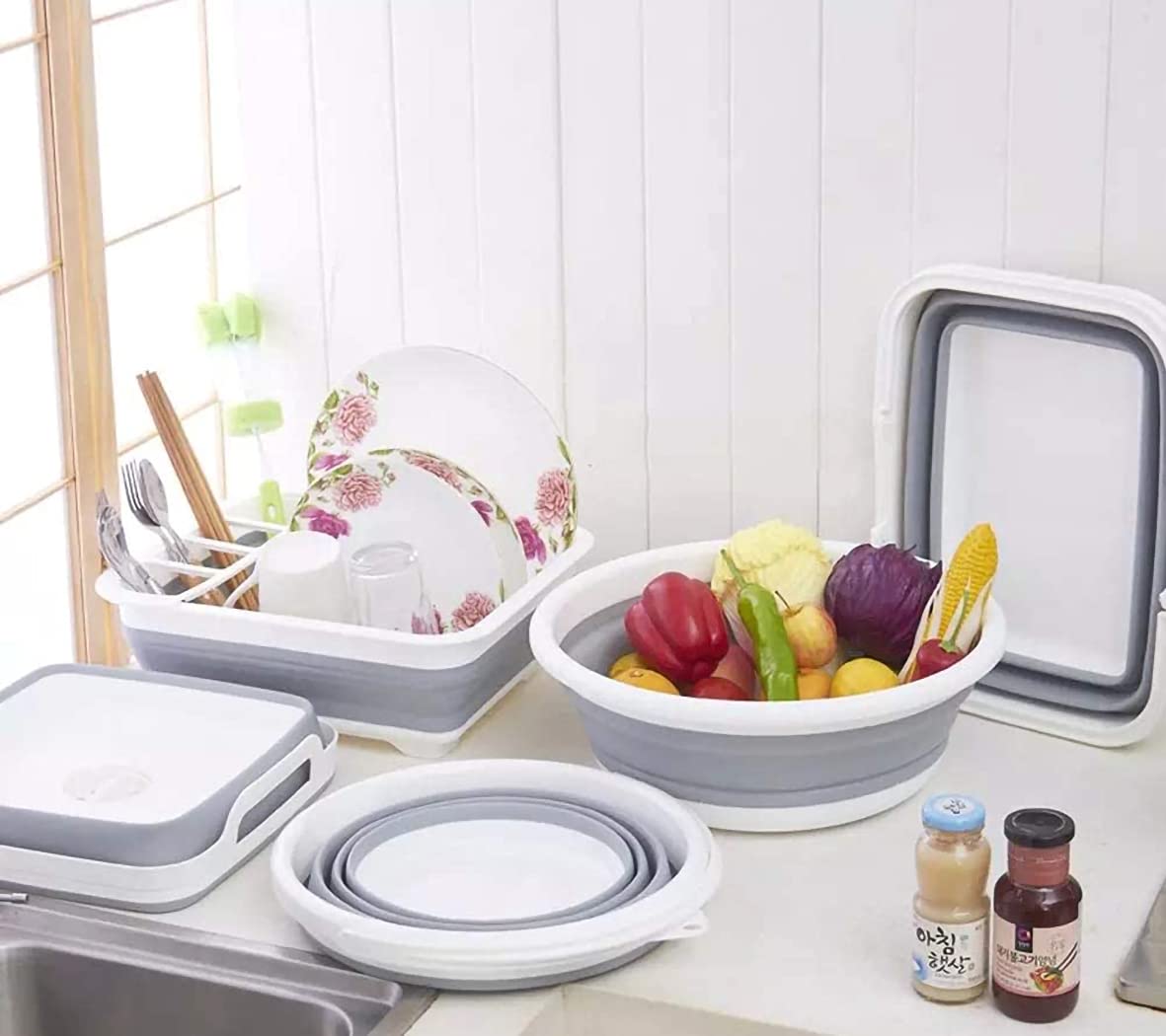 Ahyuan Collapsible Dish Drying Rack Portable Dinnerware Drainer Organizer for Kitchen RV Campers Travel Trailers Space Saving Kitchen Storage Rack Tray (with Drainboard)