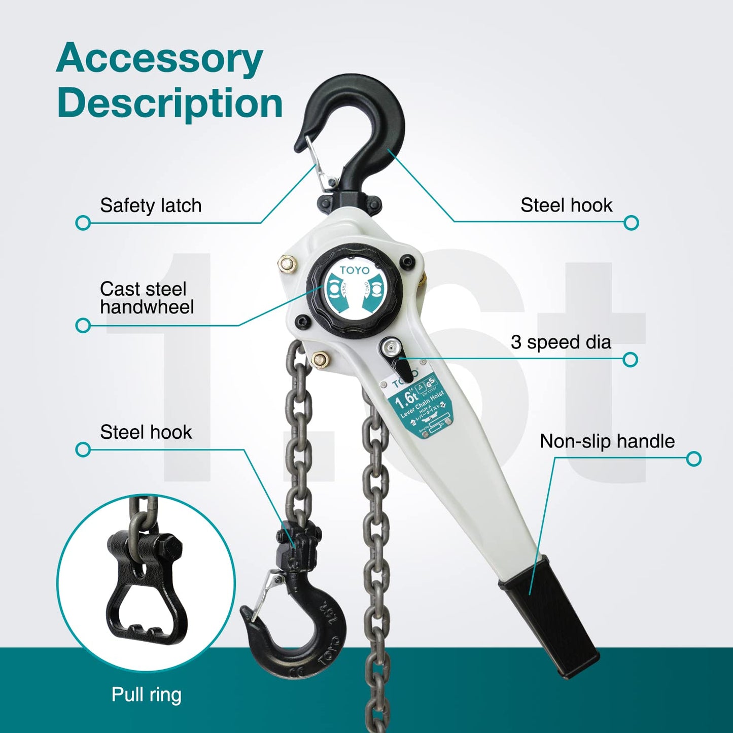 TOYO Lever Chain Hoist 3500Lbs 10ft,Chain Come Along 1.6T 10Ft Ratchet Chain Puller Hoist Alloy Steel G80 Chain 2 Heavy Duty Hooks for Building Warehouse Automotive Garages Machinery (3500LB 10FT)