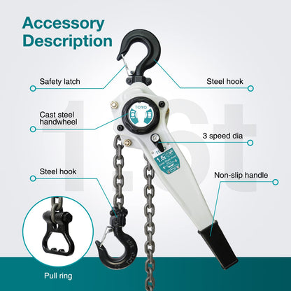TOYO Lever Chain Hoist 3500Lbs 10ft,Chain Come Along 1.6T 10Ft Ratchet Chain Puller Hoist Alloy Steel G80 Chain 2 Heavy Duty Hooks for Building Warehouse Automotive Garages Machinery (3500LB 10FT)
