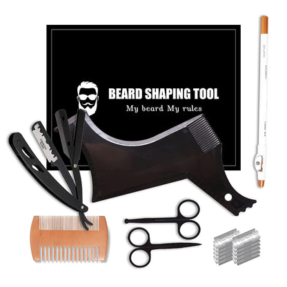 Beard Shaper, Beard Shaping Tools, Include Beard Template Guide, Professional Straight Edge Razor, 10 Count of Double Edge Blade, Barber Pencil, Beard Comb, 2 Stainless Steel Scissors, CUKBLESS