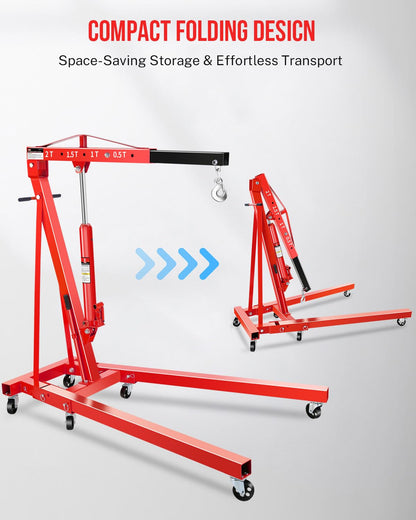 2-Ton Shop Crane, Hydraulic Folding Engine Hoist w/6 Steel Casters - Lift Car Transmissions, Boat Motors, Farm Equipment (Net Wt. 157 lbs)