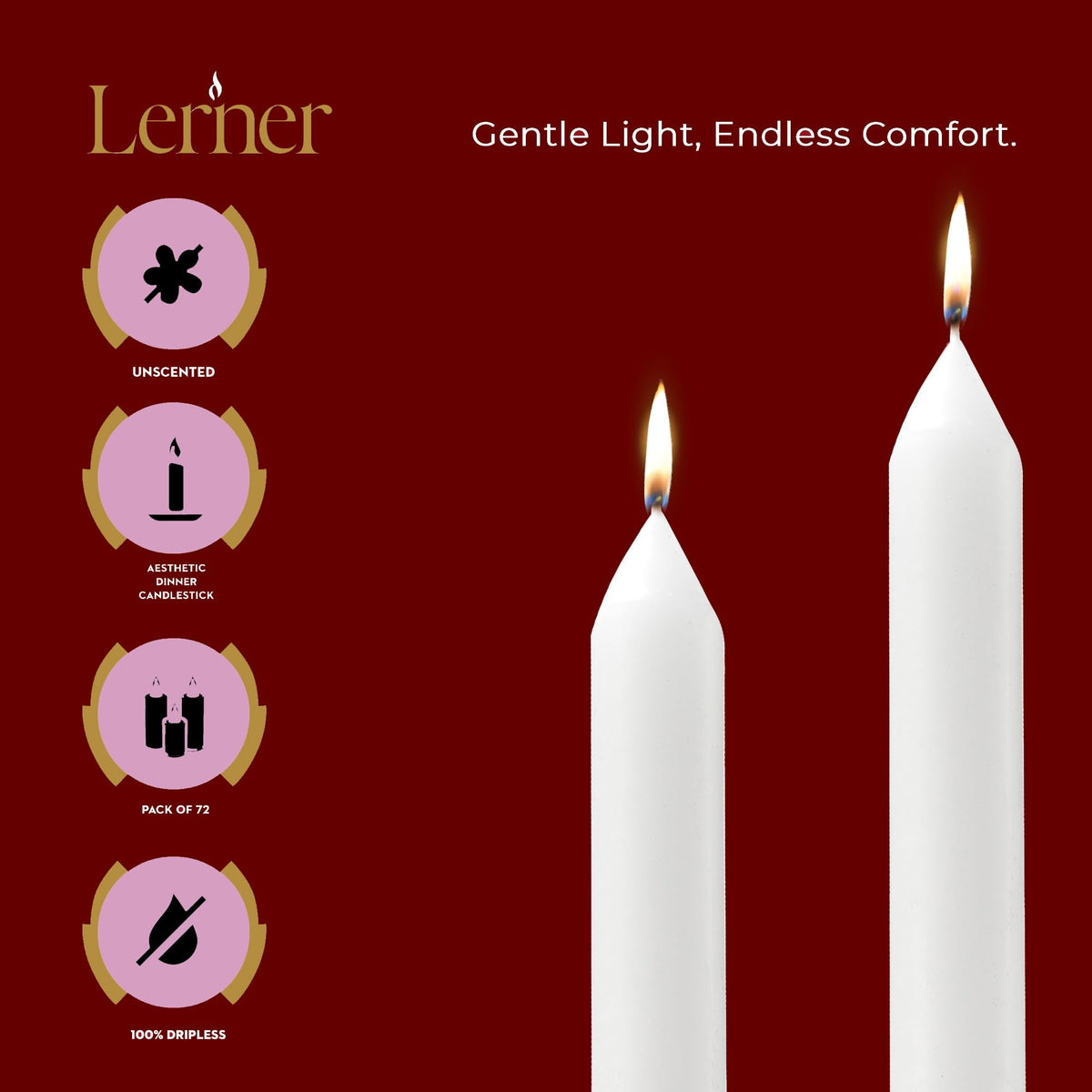 Lerner White Household Candlesticks, Pack of 72 | 3-Hour Burning Time | 4 Inch Tall Dinner Candles | 100% Dripless | Shabbat Candles | Candlesticks for Holidays, Churches, Décor, Emergencies
