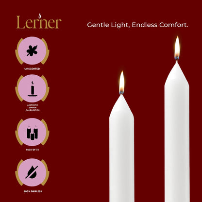 Lerner White Household Candlesticks, Pack of 72 | 3-Hour Burning Time | 4 Inch Tall Dinner Candles | 100% Dripless | Shabbat Candles | Candlesticks for Holidays, Churches, Décor, Emergencies