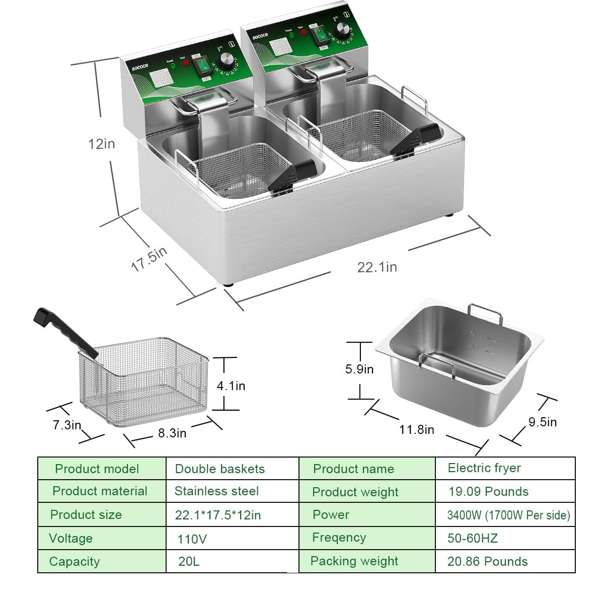 10L+10L (10.57QT+10.57QT) Dual Electric Fryer with 2 Baskets - 3400W Stainless Steel, One-Touch Switch & Temp Control, Commercial Countertop Frye