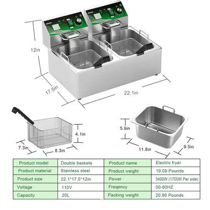 10L+10L (10.57QT+10.57QT) Dual Electric Fryer with 2 Baskets - 3400W Stainless Steel, One-Touch Switch & Temp Control, Commercial Countertop Frye