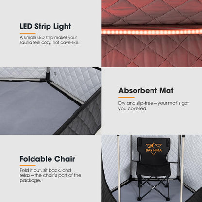 SAN HIMA Portable Sauna for Home, 1 Person Steam Sauna Box with Red Light Therapy, 3L 1500W Steamer, 9 Heat Levels, 90 Minute Timer, Foldable Chair, Remote Control, Indoor Home Spa Sauna Tent