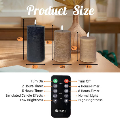 LEDHOLYT Rechargeable Flameless LED Pillar Candles–Luminous Real Wax Indoor Home Decor–Set of 3, Realistic Flickering LED Flame,Remote & Timer, USB-Rechargeable（Caramel Beige）
