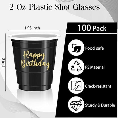 Layhit 100 Pcs Happy Birthday Plastic Shot Glasses 2oz Disposable Shot Cups for Party Mini Drinking Cups for Birthday Wedding Party Favors Tasting Serving Snacks Samples(Black)