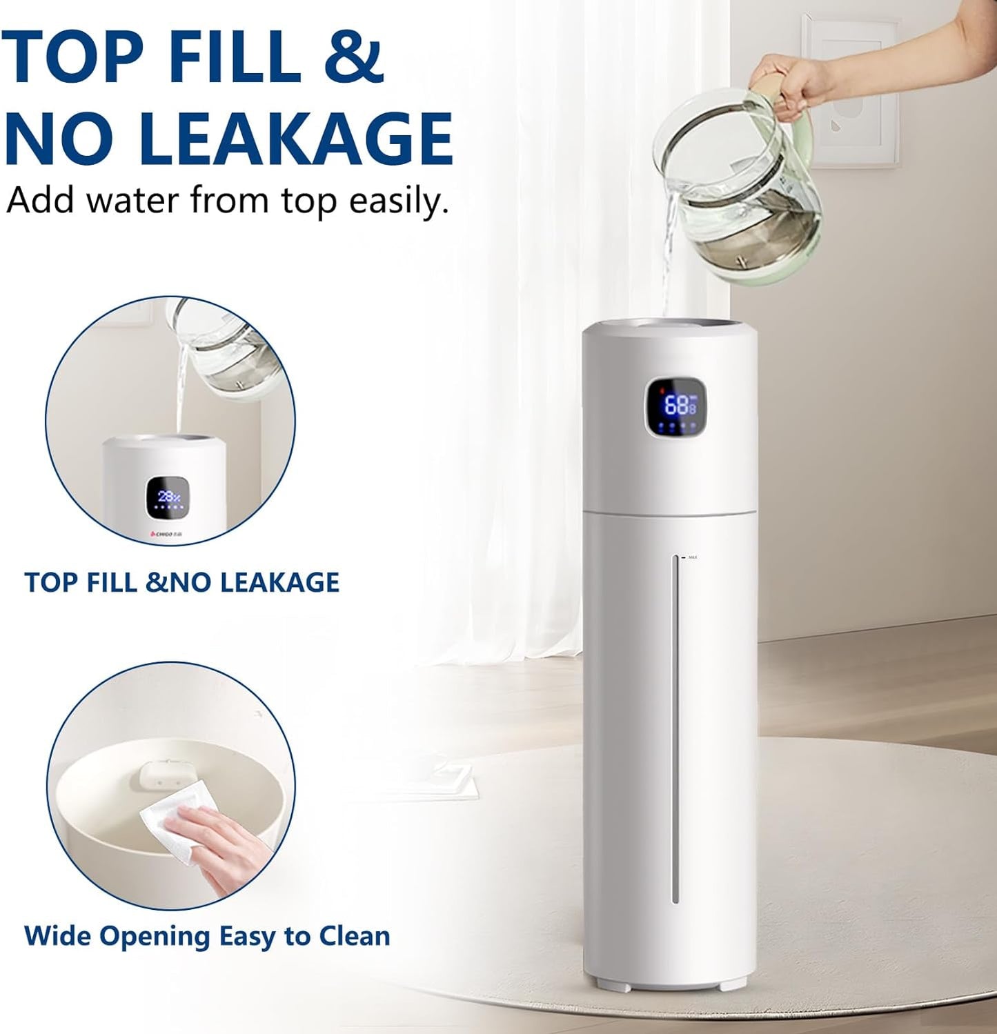 Large Humidifiers for Bedroom, 9L/2.5Gal Ultrasonic Cool Mist, Easy Clean with 350ML/H Large Mist Speed, Quiet Tower, Suitable for Kids Room Plant Yoga (White)