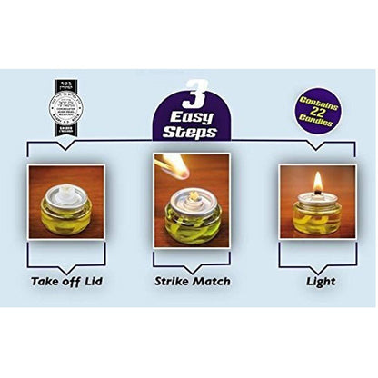 Shabbos Oil Candle Light. Pre-Filled (for Quick Lighting) Beautiful High Flame, (Throughout The Entire time) Sealed, NO SPIL, NO Mess, 100% Extra Virgin Olive Oil Burns Approx. 31/2 Hrs 22 per Pack