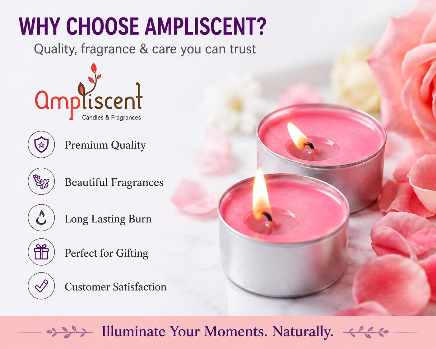Ampliscent TeaLights Candles I Rose + French Lavender + Jasmine I Pack of 3-30 Premium Tealights I Long-Lasting Aroma | Scented Wax Tealights for Home Decor, Meditation, Christmas & Holiday Gifts