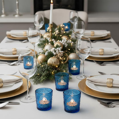 6 Pack Patented Sun Moon Star Embossed Glass Tea Light Candle Holders - Unique Votive Candle Holders for Wedding, Party, and Table Centerpieces (Ocean Blue)