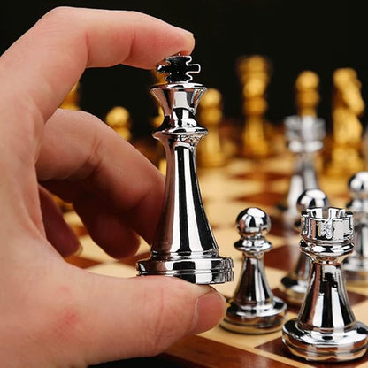 11Inch Large Deluxe Metal Chess Set - Portable Wooden Box with Alloy Pieces Folding Board Ideal for Adults