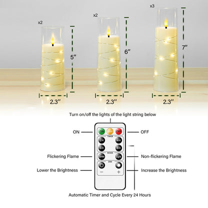 Eebuss Flameless Candles with Embedded Star String, Battery Operated LED Pillar Candles with Timer and Remote Control,Home Decorating for Ambiance， Set of 7(Ivory)