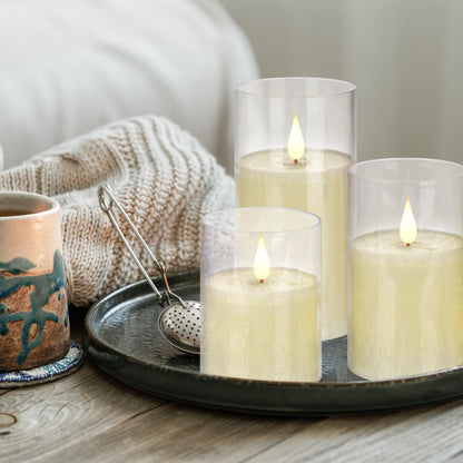 Flameless Flickering Remote Control Candle, Glass Pillar Candle,3 Pack (D:3"×H:4" 5" 6") LED 3D Flame Romantic Candle,Battery Operated Real Wax, Ideal for Wedding, Home Decor Holiday (Ivory)