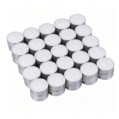 Paraffin Wax Tealight Candles 50 Pack Long Burning Aluminum Cup Candles for Home Scented Odor Eliminating Candle for Smoking Pet Kitchen White Unscented