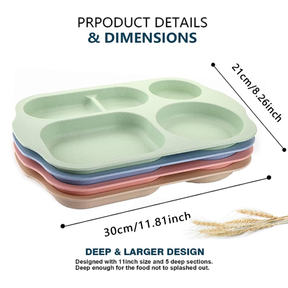 PUPOPIK 12 Inch Divided Plates4 PCS - Reusable Unbreakable Wheat Straw Plates, Dinnerware Lunch Tray Plates Tableware for Kitchen, Picky Eaters, Campers and Portion Control (Blush)