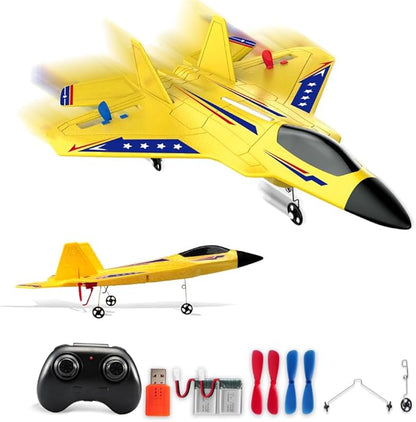 Yellow RC Plane for Kids Upgrade F-22 Raptor Fighter RC Airplane Remote Control Airplane Toys 2.4 GHZ Smart 6-axis Gyro Stabilizer RTF RC Jet Aircraft Easy to Fly Outdoor Toy RC Glider for Beginners