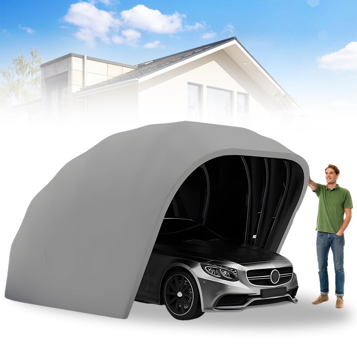Heavy Duty Carport, Semi-Automatic Retractable Garage, Stainless Steel Folding Car Port, Portable Outdoor Car Tent, for Parking Lot, Yard, Garden, Grey, All Weather Proof, 5.5 * 2.5 * 2.3m