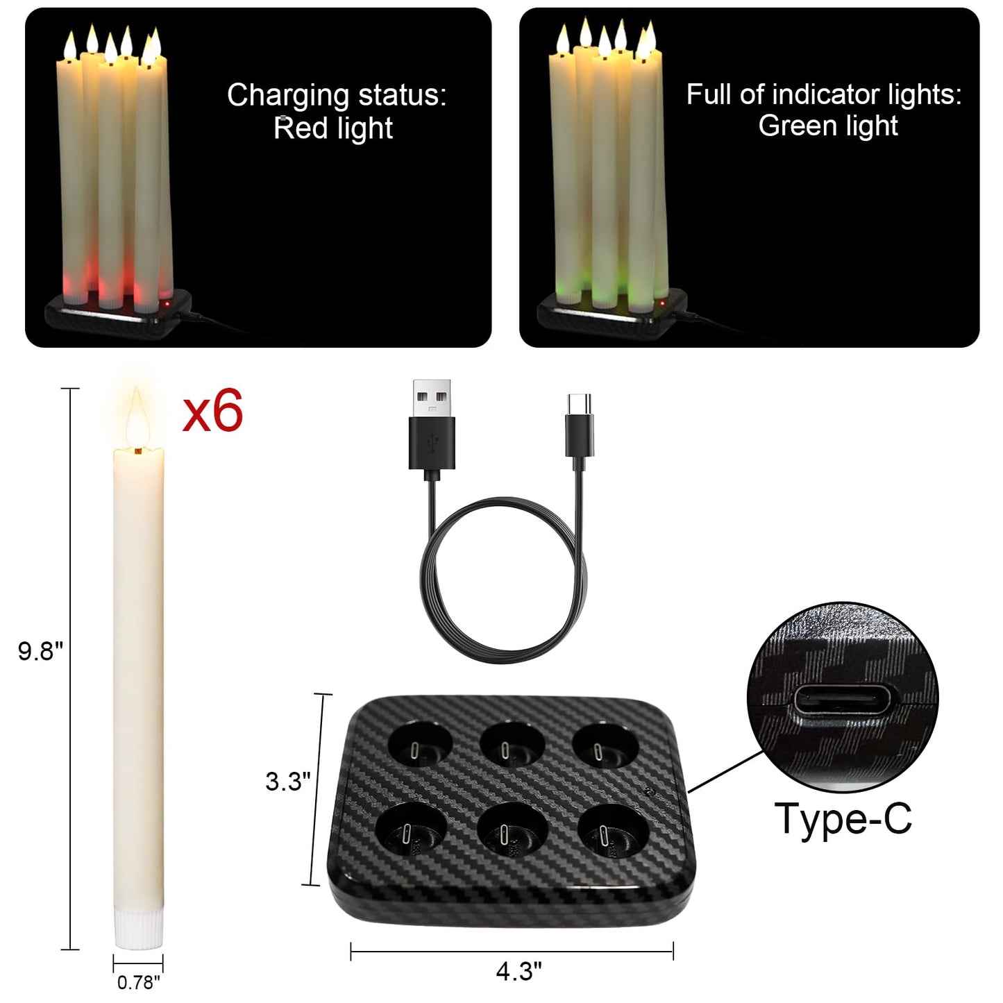 GenSwin Rechargeable Flameless Taper Candles with Charging Base, 6 Pack LED Candles Battery Operated with Remote Timer, Real Wax Flameless Candlesticks for Halloween Christmas Decorations(Ivory)