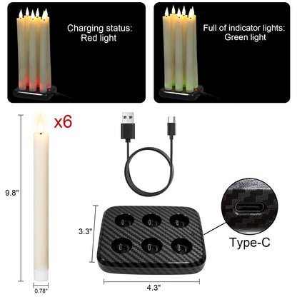 GenSwin Rechargeable Flameless Taper Candles with Charging Base, 6 Pack LED Candles Battery Operated with Remote Timer, Real Wax Flameless Candlesticks for Halloween Christmas Decorations(Ivory)