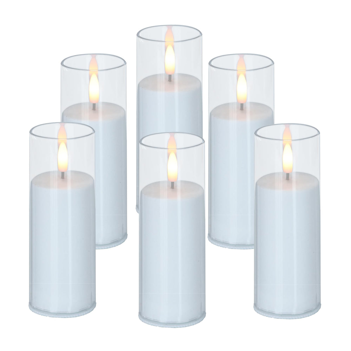 CANDLE CHOICE Indoor Outdoor Flameless Candles with Timer Waterproof Realistic Flickering Battery Operated Pillar LED Lights with Acrylic Shell Wedding Party Christmas Decorations 6 Pack 2”x6” Clear
