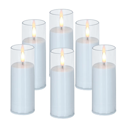 CANDLE CHOICE Indoor Outdoor Flameless Candles with Timer Waterproof Realistic Flickering Battery Operated Pillar LED Lights with Acrylic Shell Wedding Party Christmas Decorations 6 Pack 2”x6” Clear