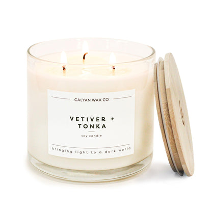 Calyan Wax Co. Vetiver & Tonka 3 Wick Scented Candle - 43 Hour Burn - Luxury 3 Wick Soy Candles - Clean Soy Wax Candles - Long Lasting Large Glass Jar Candle for Home - 14.9oz