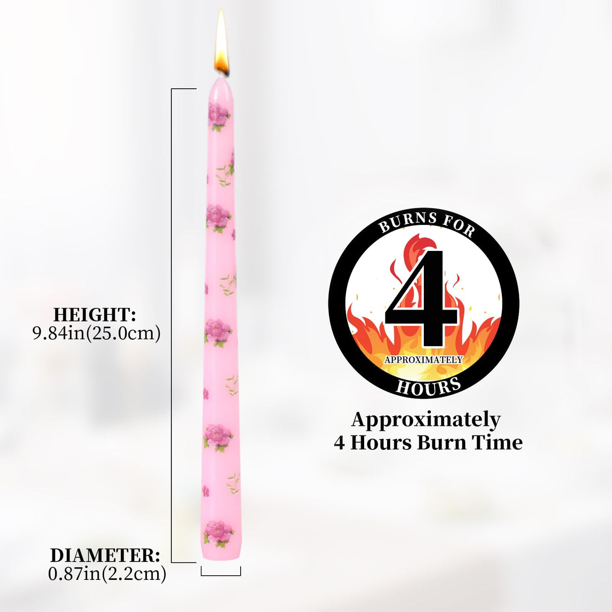 Taper Candles,10 inch 2pc Pink Tapered Candles with Peony Printed, Unscented and Smokeless Long Burning Candles,Tall Candlesticks with Cotton Wicks,Ideal for Weddings, Home Décor
