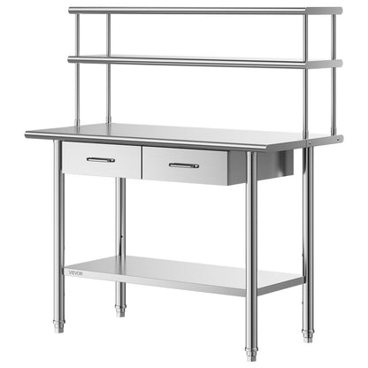 VEVOR Stainless Steel Work Table, 24x48 Inch Food Prep Table with Overshelves and 2 Drawers, Commercial Kitchen Workstation with Adjustable Undershelf, Metal Utility Worktable, for Restaurant Garage