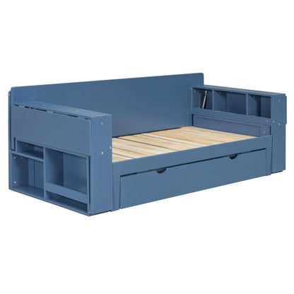 Merax Full Size Daybed with Removable Desk, Storage Drawers & Hydraulic Side Table, Blue