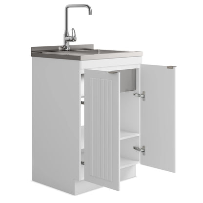 SIMPLIHOME Murphy All-in-One 24 inch Wide Utility Sink and Laundry Cabinet in Pure White Finish, Transitional Stainless Steel Sink Cabinet for Laundry Rooms with High-Arch Chrome Faucet and Storage
