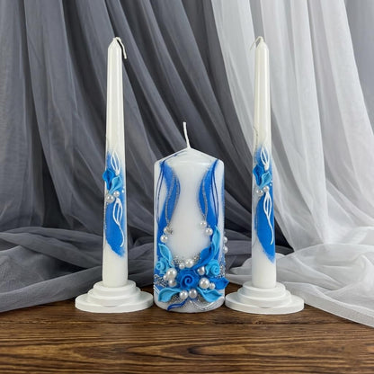 Magik Life Unity Candle Set - Wedding Ceremony & Reception – 6” Pillar & Two 10” Taper Candles – Long Burning Unity Candles for Marriage Ritual – Handmade in USA - Royal | Blue