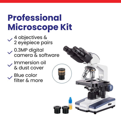 AmScope B120 Series Student & Professional LED Binocular Compound Microscope - 40X-2500X Magnification - Includes 0.3MP USB 2.0 Camera & Siedentopf Head