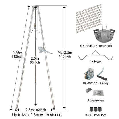 Deer Game Hoist Tripod Hanger Rack with Gambrel and Manual Winch 500 lb Capacity for Hunting, Deer Hanger for Skinning, Heavy Duty Game Hoist for Elk, Bear, Hogs, Goat, Shark, Tuna - Stainless Steel
