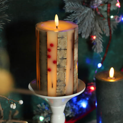 Real Birch Candles Flameless Embedded with Red Berries Christmas Flameless Candles with Remote Pillar Candles Battery Operated (3.5" × 6") - Real Wax, Unscented - for Christmas Decorations