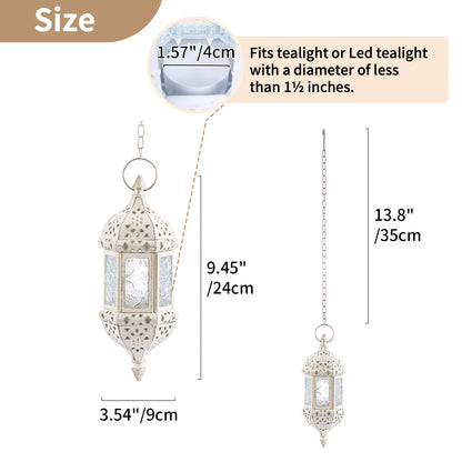 2 Pcs Moroccan Lantern Metalwork Hanging Tealight Candle Holder Metal Glass Indoor Outdoor Battery Operated LED Flameless with 35cm Chain, White