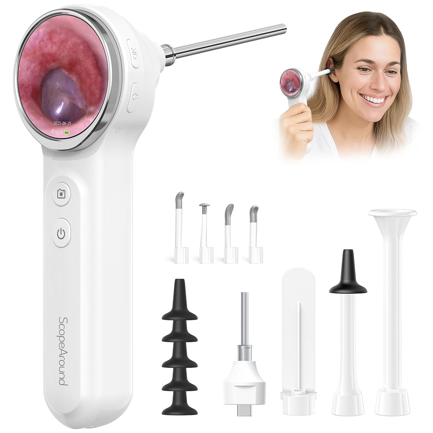 ScopeAround Otoscope, 720PHD Ear Scope Set, Digital Otoscope w/1.85in IPS Screen, Ear Wax Removal Tool Camera, Video Otoscope Ear Camera with 6 LED Lights, Compatible with Android/iPhone