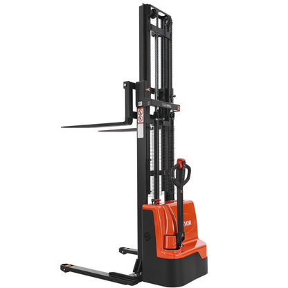 VEVOR Full Electric Pallet Stacker, 3300 lbs Capacity, 130'' Lifting Height, Pallet Lift Stacker Forklift with Straddle Legs & Forks, 8.66-31.1 Inches Adjustable Fork Width, Orange & Black
