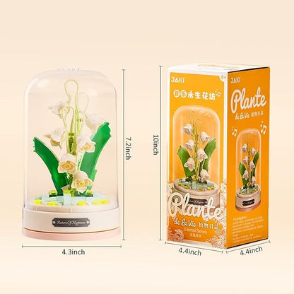 Building Blocks Flowers Bouquet Set with Music Box and Dust-Proof DomeArtificial Particle Flower Collection Construction Building Bricks ToyHome Decor (Lily of The Valley)