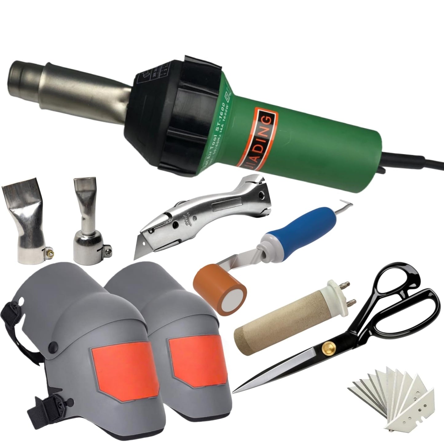 Professional TPO PVC Roofing Hot Air Welding Kit with 1600W Heating Gun, Nozzles, Rollers, Scissors, Professional knee pads, Complete Installation Tools Set (A)