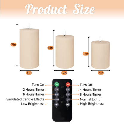 NICE POINT Rechargeable Flameless LED Pillar Candles–Luminous Real Wax Indoor Home Decor–Set of 3, Realistic Flickering LED Flame,Remote & Timer(Light Khaki)