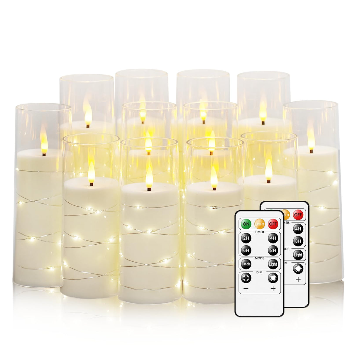 Flameless Candles with Embedded Star String, 12 Pcs Battery Operated LED Pillar Candles with Remote and Timer, Suitable for Home Decor, Party, Christmas & Wedding (White)
